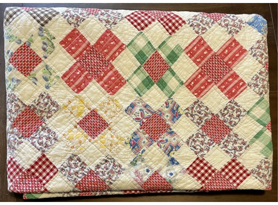 Antique Hand Stitched Quilt X Pattern With Pink Trim Cotton