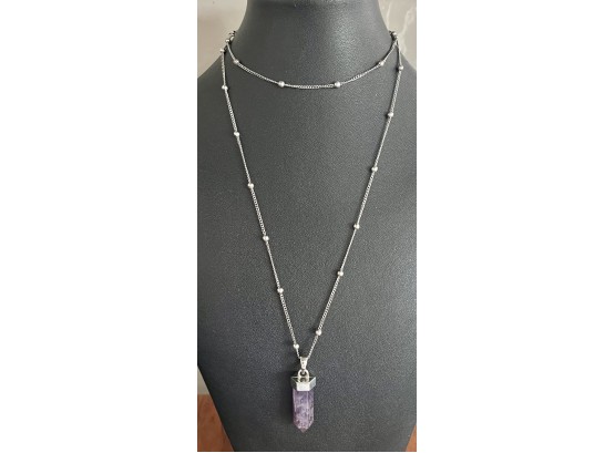 Purple Amethyst Crystal Necklace With Silver Tone Chain And Small Ball Bead Necklace