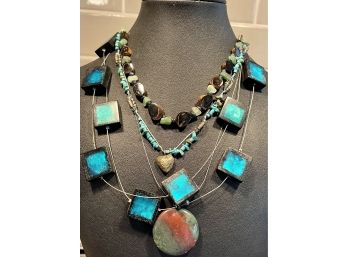 (4)  Boho Chic Modern Stone & Bead Necklaces  - Turquoise Bead Peyote Bird, Wood, Sterling Silver & More