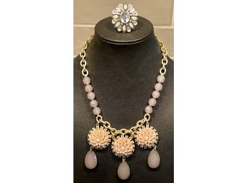 Lia Sophia Flower & Rhinestone Ring And Pink 3 Flower Necklace Gold Tone With Beads