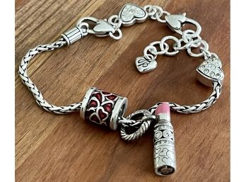 Vintage Brighton Silver Tone Charm Bracelet With Lipstick Charm, Red Enamel Bead And Hearts