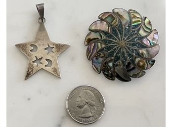 (2) Vintage Sterling Silver 925 Mexico Abalone  And Moon And Stars Pendants
