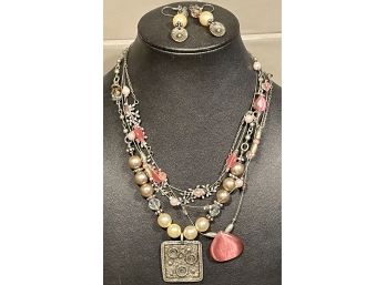 Vintage Pink Rhinestone, Metal And Bead Boho Necklace Lot  One With Matching Pair Of Earrings