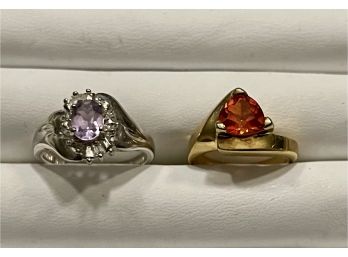 2 Vintage Rings (1) Gold Wash Sterling Silver With Orange Sapphire (1) Sterling Silver With Amethyst
