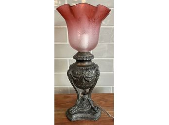 Antique Bronze Small Table Lamp Gargoyles And Claw Feet With Pink Pattern Glass Shade Works