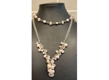 Sterling Silver, Pink Quartz And Fresh Water Pearl Necklace And Bracelet Set