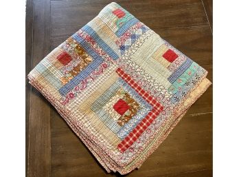 Antique Hand Stitched Log Cabin Quilt With Hickory Stripe Back Cotton