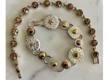 (2) Vintage Bracelets - (1) Sterling Silver Clock And Gear & (1)  Gold Tone Tennis Bracelet With Amber Stones