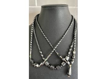3 Hematite Assorted Size Bead Necklaces One With Green Stone Bead Accents