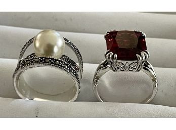 (2) Sterling Silver 925 Rings - (1) Thailand Marcasite And Faux Pearl - (1) Rectangle Red Stone 925