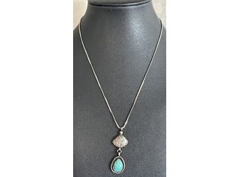 Vintage Native American Sterling Silver And Turquoise Pendant Signed With Silver Tone Necklace