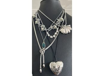 Lot Of Silver Tone Jewelry - Monet - Avon Heart Perfume Pendant - Monet Shell & Sarah Coventry Knot & More