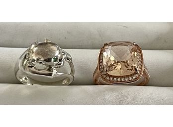 (2) Vintage Sterling Silver Rings (1) Rose With Pink Faceted Stone And Panther With Green Eyes