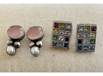2 Pairs Of Sterling Silver And Colored Faceted Stone, Faux Pearl And Pin Cabachon Earrings
