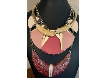 3 Statement Piece Spring Necklaces - Pink, Red, Peach, Yellow And Orange Enamel & Rhinestones - Gold Tone
