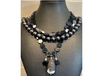 (3) Necklaces (1) Onyx Coin Dot W Stone & Earrings - Raw Amethyst & Fresh Water Pearl - Hematite Round Bead