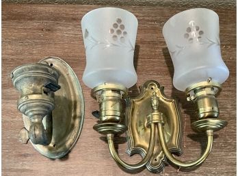 (2) Vintage Fixtures - (1) Brass Double Globe Wall Sconce And (1) Single Metal Wall Sconce