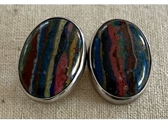 Vintage Rainbow Calsilica And Sterling Silver Oval Earrings