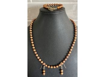 Vintage Round Copper Bead Necklace, Bracelet And Earrings