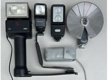 (4) Assorted Camera Flashes - Braun 380 BVC, Sony HVL-10DC, Sima, And Honey Well Tilt A Mite (as Is)