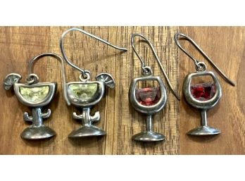(2) Pair Shube's MFG, Inc. Sterling Silver Margarita And Wine Glass Earrings