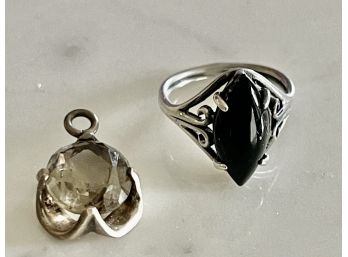 Sterling Silver & Onyx Ring Size 5.5 And Sterling Silver & Smokey Quartz Pendant Or Charm