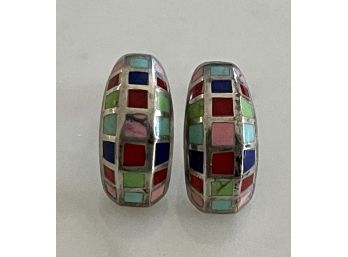 Sterling Silver And Multi Stone Inlay Post Earrings Signed NF 925