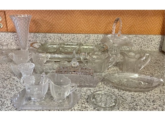 Vintage & Antique Etched Glass Lot - Creamer, Sugar, Butter Dish, Divided Serving Tray