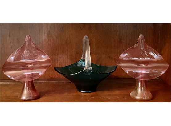 (2) Vintage Jack And The Pulpit Pink Art Glass Vases And Blue Handle Art Glass Basket