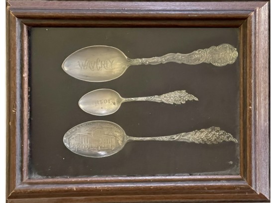 (3) Framed Antique Sterling Silver Souvenir Spoons Waverly Iowa, Lincoln Nebraska, Aurora