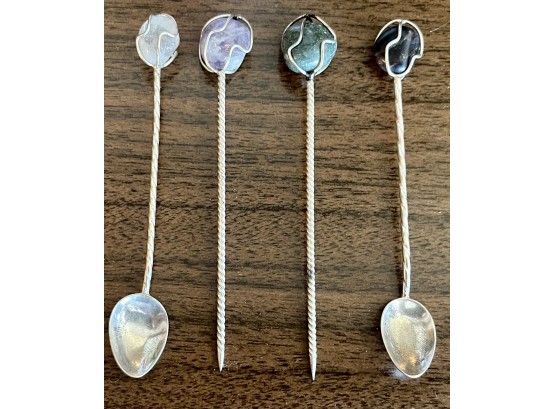 (2) Picks And (2) Spoons Sterling Silver With Natural Stone Tops - Quartz, Amethyst, Jadeite