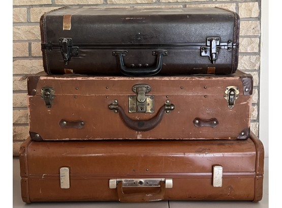 (3) Vintage/antique Hard Leather Suitcases/trunks Including Samsonite (as Is)