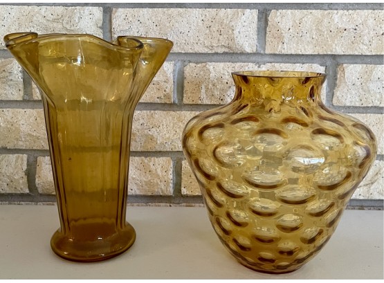 (2) Vintage Amber Glass Vases (1) MCM Bubble Glass And (1) Ruffled Top
