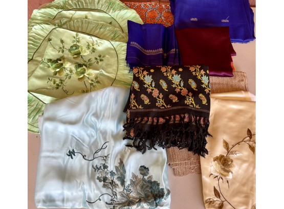 Collection Of Vintage Pillow Case Coverings - Silk And Satin Embroidered, Silk Material, Scarves, And More