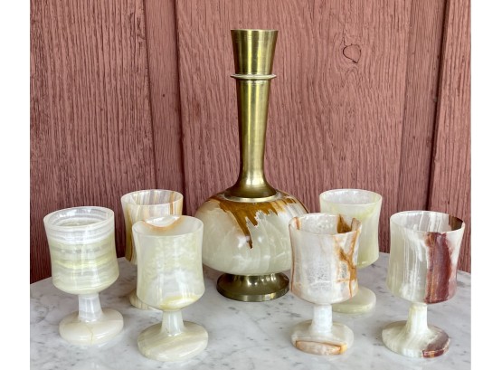 Vintage Hand Carved Onyx And Brass Wine Decanter With (6) Hand Carved Goblets