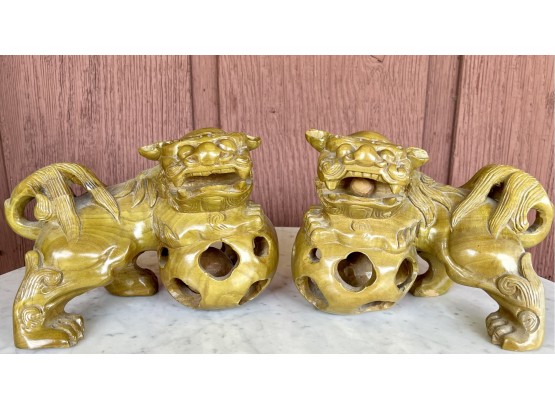 Rare Pair Of Vintage Chinese Wood Hand Carved Foo Dogs With Sphere Inside Mouth