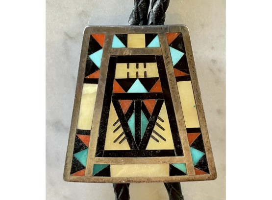Stunning Alex And Marylita Boone Zuni New Mexico Sterling Silver Inlay Bolo Tie With Silver Tips