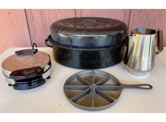 Vintage Collection Of Cookware - Belgium Waffle Maker, Divided Cornbread Skillet, Roasting Pan, MCM Pitcher