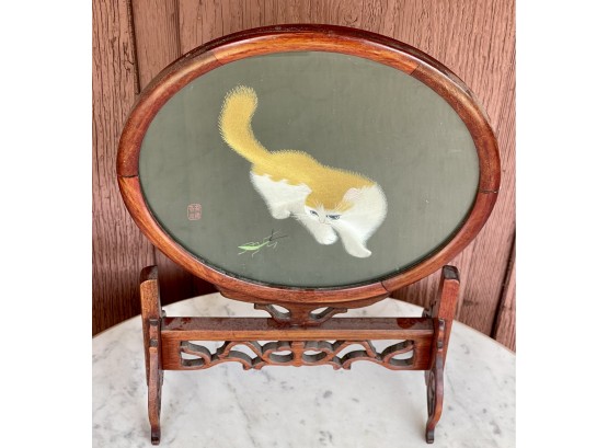 Antique Chinese Double Sided Fine Silk Embroidered Kitten Work Of Art In Rose Wood Frame