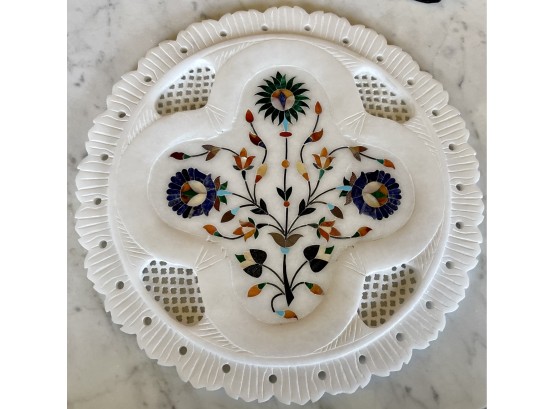 Vintage Hand Carved Alabaster 9' Plate With Inlay - Malachite,  Blue Lapis, Mother Of Pearl, Coral, And More