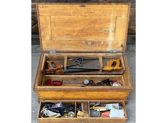 Large Antique Dovetail Wooden Toolbox With Contents - Saws, Planer, Hardware, & More
