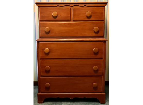 Vintage Solid Pine High Boy 6 Drawer One Piece Dresser With Large Wood Pulls