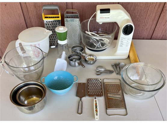Large Lot Of Kitchen Ware - Sunbeam MixMaster, Measuring Cups, Graters, Rolling Pin, And More