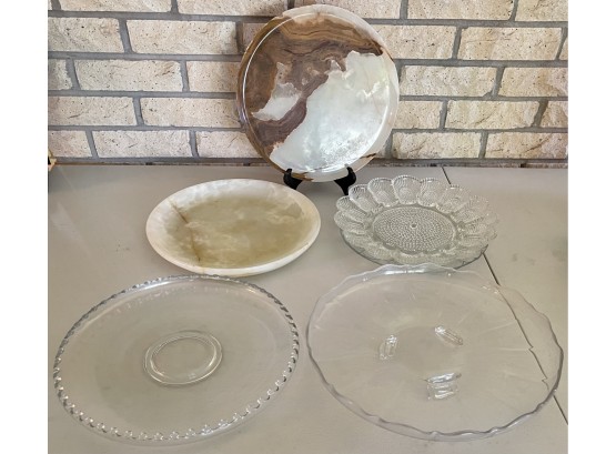 Lot Of Vintage Onyx And Clear Glass Serving Trays - Egg Plate - Footed Platter And More