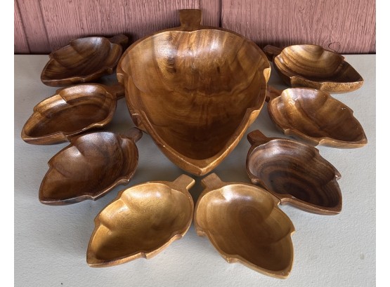 Vintage 9 - Piece Honolulu Woods Made In Philippines Wooden Leaf Bowl Set