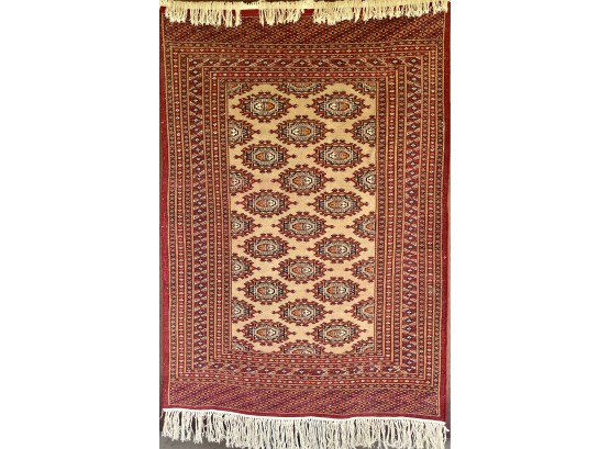 48 X 77 Inch Hand Knotted Persian Pakistani Red And Tan Tone Rug With Cotton Fringe.