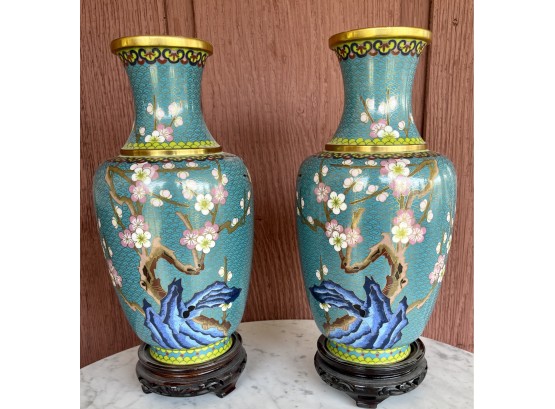 (2) Made In China Gorgeous Cherry Blossom Cloisonne Vases With Hand Carved Wood Bases