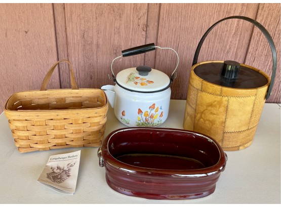 Mid-century Modern Collection Including Enamel Tea Pot With Painted Mushrooms, Longaberger Basket, And More
