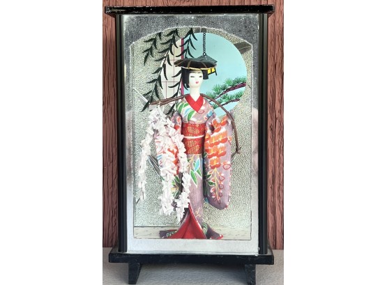 Vintage Japan Geisha Girl In Kimono In Glass Shadow Box