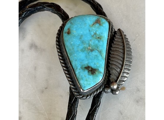 Old Pawn Turquoise And Sterling Silver Navajo Braided Leather Bolo Tie